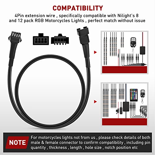 Nilight Extension Cable for Motorcycle LED Strip Lights 4PCS 2 Feet Extension Cords 3PCS 2 Way Y Splitter 4PIN Extension Cord for Underglow Neon Accent Light Strips Rock Lights
