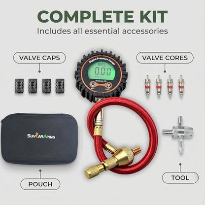 SUVCARMPING 250 PSI Digital Tire Pressure Gauge Accurate Air Pressure Gauge (±1% Accurate), for Tires with Easy-to-Read Numbers, Valve Cap and 4-Way Valve Tool, Red (MS-DG04C(CC)-01) - size: Red(Air Chuck)