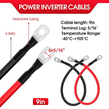 6 AWG Battery Cables 6 Gauge Battery Power Inverter Cable with 5/16 Inch Tinned Copper Lugs Both Ends for Solar Marine Boat RV Car Motorcycle 2 pcs (9 in) - size: 9 in