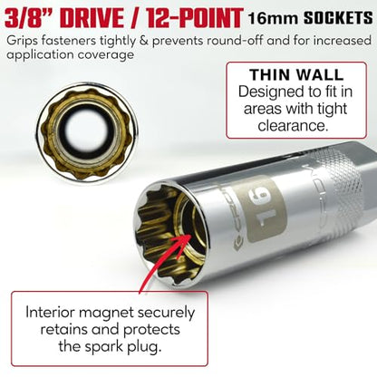 CROM Magnetic Spark Plug Socket - 3/8" Drive Spark Plug Removal Tool (16mm Magnetic Thin Wall) - size: 16mm Magnetic Thin Wall