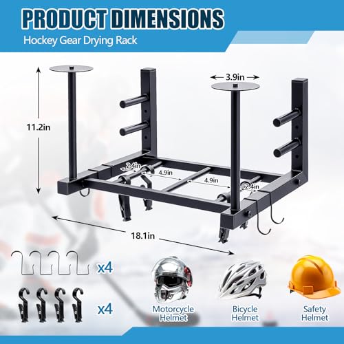18.1 x 14.2 x 11.2 Inches Hockey Gear Drying Rack Wall Mount Ice Hockey Stick Holder with 4 Hooks and 4 Clips Metal Equipment Dryer Display Storage Organizer for Lacrosse