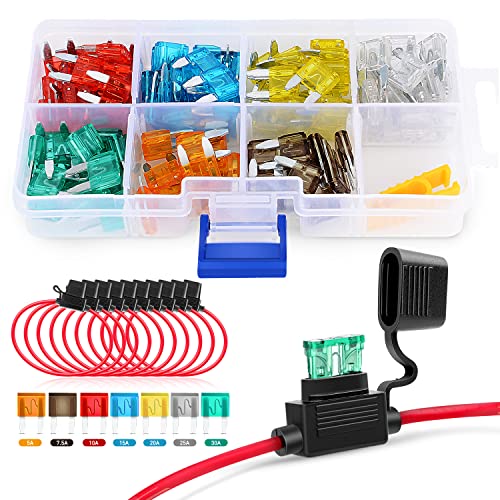 Nilight 120 PCS Mini ATM/APM Blade Fuse 5A/7.5A/10A/15A/20A/25A/30A AMP Assorted Set with 10 Pack 14AWG ATC/ATO Inline Fuse Holder - color: 120Pcs ATM/APM Fuse + 14AWG Holder 10
