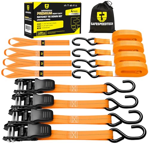 Ratchet Straps Tie Downs 4 Pack - 1 in x 15 ft Motorcycle Tie Down Straps - 4 Soft Loops with Safety S Hooks - 1650 lbs Breaking Strength - Ratchet Tie Down Set for Motorcycle, Truck, ATV, UTV, Orange - color: Orange, size: 1650LB - 15Ft