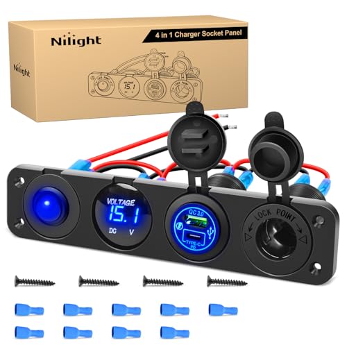 Nilight 4 in 1 ON/Off Charger Socket Panel PD Type C and QC 3.0 USB Power Outlet LED Voltmeter Cigarette Lighter Rocker Toggle Switches for Truck Car Boats RV - color: Type C + USB Blue