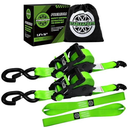 Retractable Ratchet Straps (2pk) -Patented | 1.5 in x 16 ft Heavy Duty Auto Ratchet Straps with Soft Loops | Perfect Automatic Tie Downs for Motorcycle,Kayak and Truck | Break Strength 5,000LBS/2268KG - color: Green, size: 2PK-5,000LBS