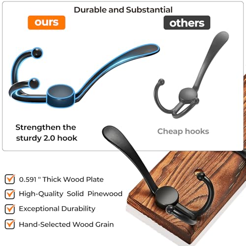 Coat Rack Wall Mounted, Pre-Assembled 16" Coat Hooks with 5 Hooks, Heavy Duty Rustic Farmhouse Wood Plank Hooks for Hanging Hat, Clothes, Keys, Jacket, Purse - Door, Entryway, Mudroom - size: Pine wood - double hook