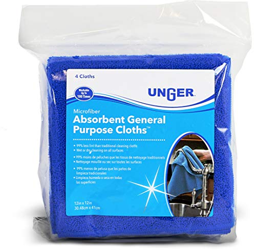 Unger 12” x 12” All-Purpose Microfiber Cloths, 4 Pack, Wet and Dry Cleaning Towels for Kitchen, Furniture, Appliances, Electronics and Glass, Reusable with Less Lint and Streak-Free Results - size: 12" x 12" (4 Pack), style: All-Purpose