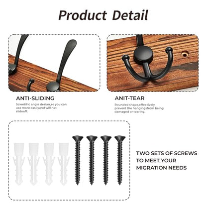 Coat Rack Wall Mounted, Pre-Assembled 16" Coat Hooks with 5 Hooks, Heavy Duty Rustic Farmhouse Wood Plank Hooks for Hanging Hat, Clothes, Keys, Jacket, Purse - Door, Entryway, Mudroom - size: Pine wood - double hook