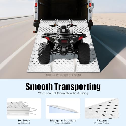 Tri-Fold Aluminum Trailer Ramps, Extra Wide Loading Ramp with Treads 1500lb Capacity Heavy Duty ATV Ramps with Load Straps & Top Hook Loading Truck Ramps for Lawn Mowers Motorcycles ATVs UTVs