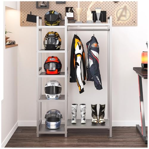 Floor Standing Motorcycle Helmet Holder, Large Helmet Stand, 3 in 1 Gear Storage Rack, Display Shelf for Accessories, Jacket, Gloves and Boots(105x40x170cm) - color: Gray, size: 105x40x170cm