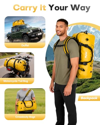 60L Waterproof Duffel Bag Motorcycle Dry Bag Backpack, Heavy-Duty Roll-Top Waterproof Bag with Sealed Seams & Waterproof Zipper for Riding, Kayaking, Camping & Travel (Yellow) - color: Yellow