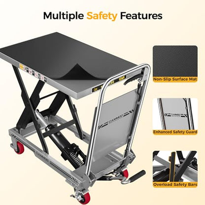 CAMMOO Hydraulic Lift Table Cart, 500lbs Capacity, 28.5" Lifting Height, Single Scissor Lift with Non-Slip Pad & Safety Guard Foldable Handle for Material Handling and Transportation, Gray