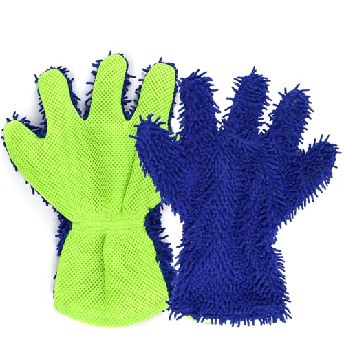2PCS Car Wash Mitt, 5 Finger Chenille Microfiber Cleaning Mitt for Cars, Scratch-Free Auto Washing Gloves, Car Interior Exterior Cleaning Gloves, Great for Hard-to-Reach Areas (Blue) - color: Blue