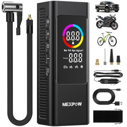 Tire Inflator Portable Air Compressor, NEXPOW 150 PSI Cordless Car Air Pump with Digital Gauge, Rechargeable 7800mAh Battery, LED Light, for Car Tires, Bike, Motorcycle, Ball, Inflatables