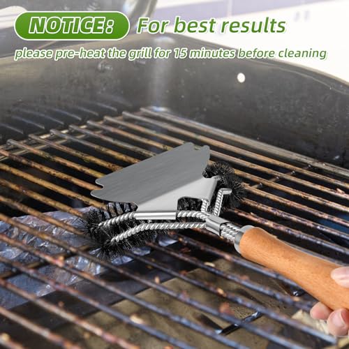 SUBEKYU Outdoor BBQ Grill Brush, 15.3'' Scraper Cleaning Brush - Stainless Steel Grill Cleaner with Scraper, Beech Wood Handle, 1Pack