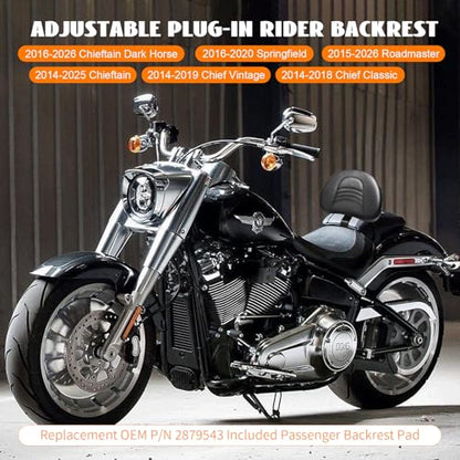 Adjustable Front Driver Rider Backrest Pad Plug-In Back Rest With Pocket Mounting Kit Compatible With Indian Chief Chieftain Roadmaster Springfield 2014-2025(Not for Indian Chieftain PowerPlus) - color: Black-Striated