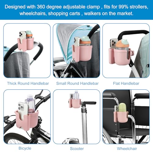 Accmor Stroller Cup Holder with Phone Holder, Bike Cup Holder, Universal Cup Holder for Uppababy Nuna Doona Strollers, 2-in-1 Cup Holder for Walker, Wheelchair, Scooter - color: All Light Pink