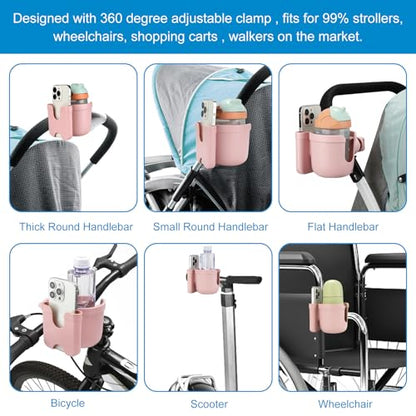 Accmor Stroller Cup Holder with Phone Holder, Bike Cup Holder, Universal Cup Holder for Uppababy Nuna Doona Strollers, 2-in-1 Cup Holder for Walker, Wheelchair, Scooter - color: All Light Pink
