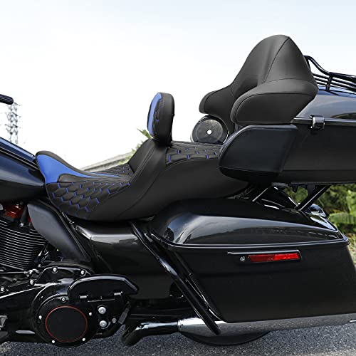 C.C. RIDER Motorcycle Hammock Seat+ Rider Backrest+ King/Chopped Trunk Backrest Pad Fit for Harley 2014-2023 Touring Road King FLHR Street Glide FLHX Road Glide FLTRX Electra Glide FLHT - color: 23# Blue (Seat+ 2 Backrests)