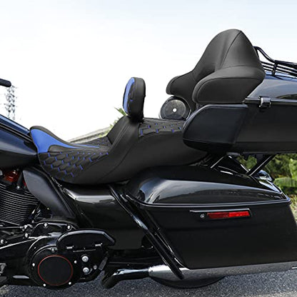 C.C. RIDER Motorcycle Hammock Seat+ Rider Backrest+ King/Chopped Trunk Backrest Pad Fit for Harley 2014-2023 Touring Road King FLHR Street Glide FLHX Road Glide FLTRX Electra Glide FLHT - color: 23# Blue (Seat+ 2 Backrests)