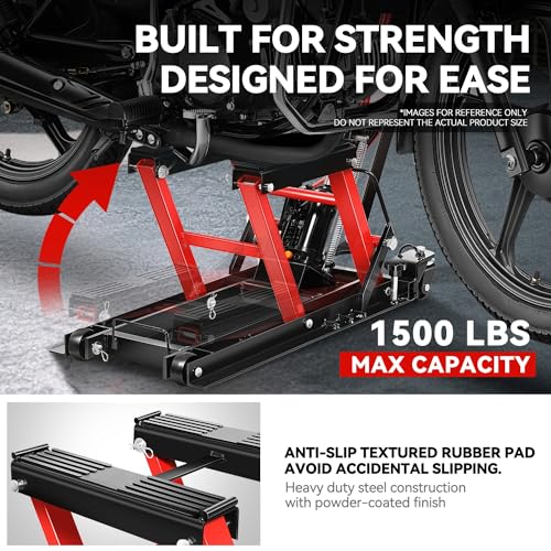 Auto Dynasty Hydraulic Motorcycle Lift Jack, 1500LBS Capacity Low Profile Steel ATV Lifts Stand Hoist with Wheels and Handle for Motorcycles, Bicycles, ATVs, UTVs, Dirt Bikes, Red - size: 1500 LBS