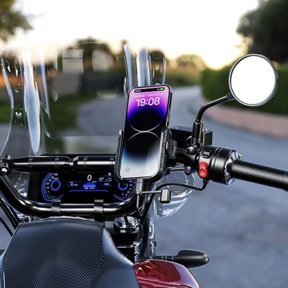 iMESTOU Aluminum Motorcycle USB Phone Mount Charger with USB C Fast Charge Port Compatible with 5.4"-7.2" Phones Up to 15mm Thickness, Fits for 12mm-32mm Handlebars, Works with 12-24V Motorcycles