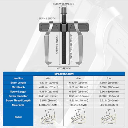 XIIW 2 Jaw Gear Puller Set, 4'' 6'' 8'' CR-V Steel Bearing Puller Gears Tool Adjustable, 2 Claws Puller Kit for Removal of Pulley Flywheel Bearings Gears - size: CR-V 2-Jaw Gear Puller 4'' 6'' 8''