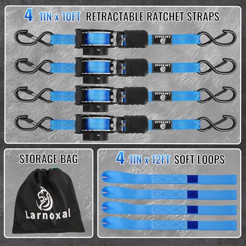 Retractable Ratchet Straps 4 Pack - 1,500 Lbs Break Strength 1 in x 10 Ft Heavy Duty Retractable Ratchet Tie Down Straps with S Hooks Set for Truck, Cargo Van, Trailer, Motorcycle (Blue) - color: Blue