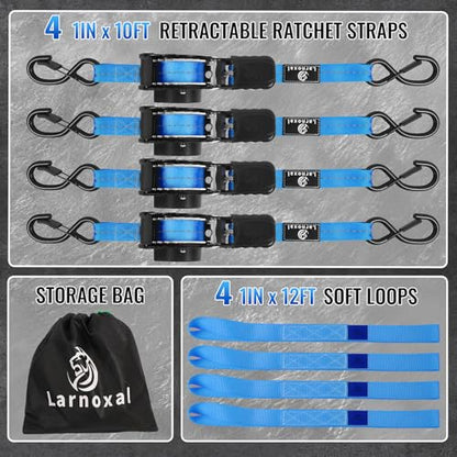 Retractable Ratchet Straps 4 Pack - 1,500 Lbs Break Strength 1 in x 10 Ft Heavy Duty Retractable Ratchet Tie Down Straps with S Hooks Set for Truck, Cargo Van, Trailer, Motorcycle (Blue) - color: Blue