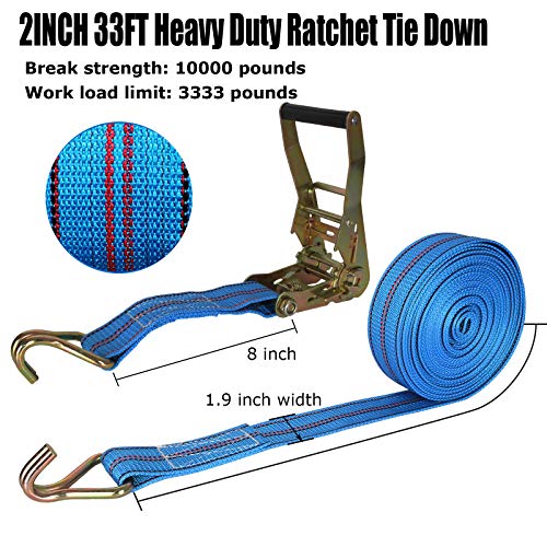 2 Pack Ratchet Tie Down Straps, 2 Inch x 33 Feet, 10,000 lbs Break Strength, Heavy Duty Cargo Lashing Straps with Double J Hooks for Trailer, Truck, and Farm Equipment, Blue - color: Blue, size: 2 pack 2 inch x 33 ft