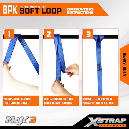 XSTRAP STANDARD Soft Loop Tie-Down Straps - 8PK 1-1/16 x 18 inches - 3600LB Breaking Strength, Loops for Securing Trailering of Bikes, ATV, UTV, Motorcycles, Scooters, Dirt Bikes, Lawn Equipment, Blue - color: Blue