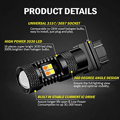AUXLIGHT 3157 3057 4157 3155 3457 Switchback LED Bulbs 16SMD Chipsets Parking Lights/Daytime Running Lights/DRL and Turn Signal Lights with Projector replacement, White/Amber (Pack of 2) - size: 3157