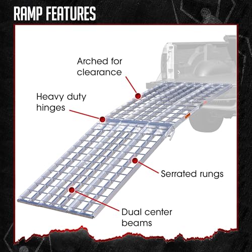 Black Widow 9' Aluminum Folding Motorcycle Ramp, Extra-Wide 3-Piece Arched Ride-Up Loading Ramp for Trucks and Trailers, 1,500 Lb Capacity, Silver - size: 9 feet