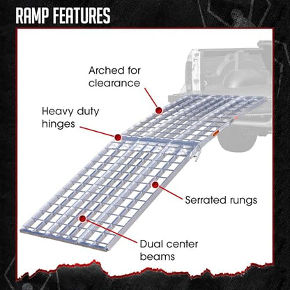 Black Widow 9' Aluminum Folding Motorcycle Ramp, Extra-Wide 3-Piece Arched Ride-Up Loading Ramp for Trucks and Trailers, 1,500 Lb Capacity, Silver - size: 9 feet
