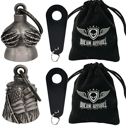 Dream Apparel 2 Pack Motorcycle Bells Guardian Angel for Biker Rider Men Women Ride Riding with Hangers, Drive Away Gremlins - color: Handful Bell + Us Flag Bell