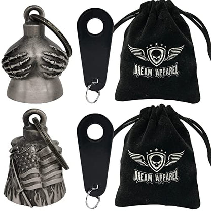 Dream Apparel 2 Pack Motorcycle Bells Guardian Angel for Biker Rider Men Women Ride Riding with Hangers, Drive Away Gremlins - color: Handful Bell + Us Flag Bell