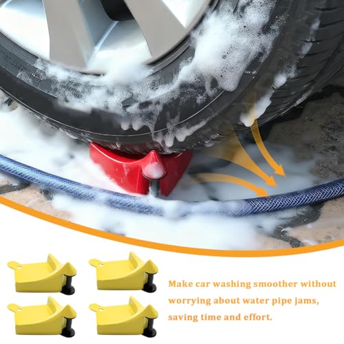 4PCS Car Hose Guide, Vehicle Detailing Cleaning Tools Hose Guides Preventing Wash Stuck Under The Tires, Automotive Wheel Rolling System Tool for Washing, Universal Fit (Yellow) - color: Yellow