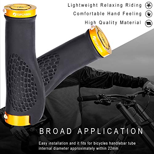 TOPCABIN Ergonomic Bike Grips - Widen Holding Rubber Grips with Aluminum LockGrips for Mountain & Road Bikes - color: Aluminum lock plug+Grips (Gold 1 Pair)