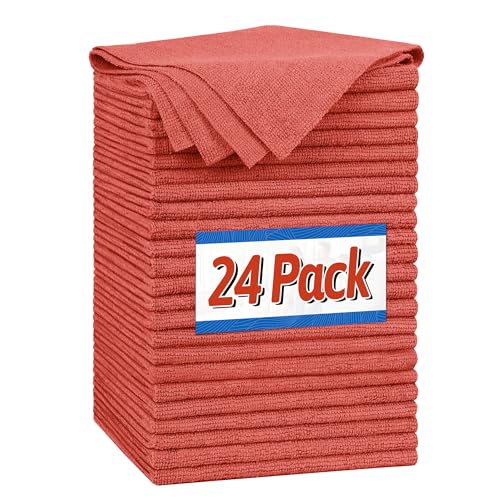 FIXSMITH Microfiber Cleaning Cloth, Shop Towels Bulk, 24 Pack Red Microfiber Towels for Cars, All-Purpose Absorbent Cleaning Rags, Dust Cloth for Automotive, Mechanic, Garage, Bar, 12 x 11 inch - color: Red, size: 24PK