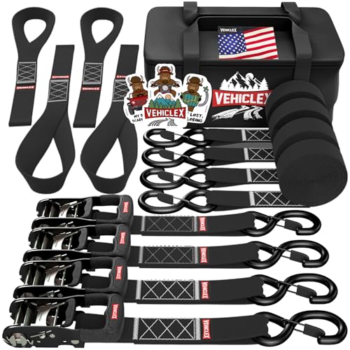 Vehiclex 1.5" x 15 ft 4,400 lb Heavy Duty Ratchet Tie Down Straps with Soft Loops – 4PK for Cargo & Equipment – Black - color: Black, size: 15 ft - 4 Pack