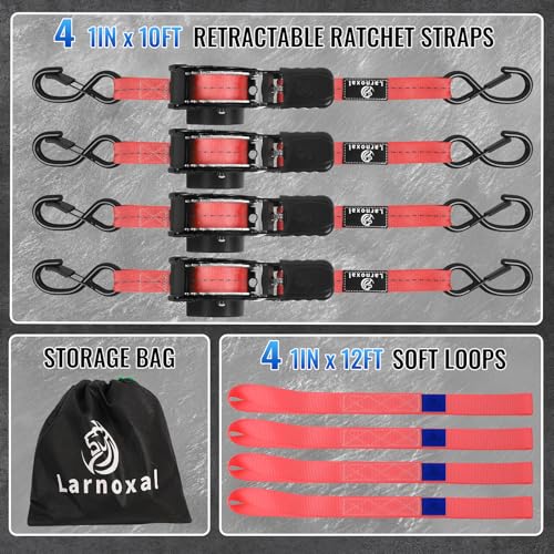 Retractable Ratchet Straps 4 Pack - 1,500 Lbs Break Strength 1 in x 10 Ft Heavy Duty Retractable Ratchet Tie Down Straps with S Hooks Set for Truck, Cargo Van, Trailer, Motorcycle (Red) - color: Red