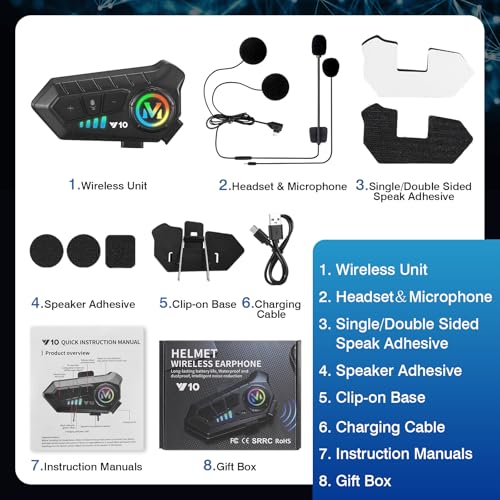 FEYA Motorcycle Helmet Speakers High Battery Life Helmet Headphone IPX6 Automatic Answer/Call Music Control/Intelligent Noise/Wake up Siri, 2 Different Types of Mic - Compatible with All Helmets - Y10 - style: Y10