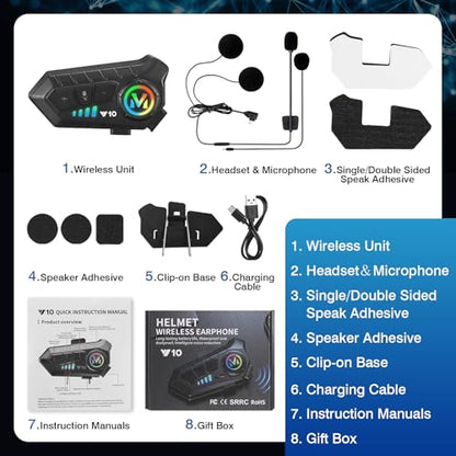 FEYA Motorcycle Helmet Speakers High Battery Life Helmet Headphone IPX6 Automatic Answer/Call Music Control/Intelligent Noise/Wake up Siri, 2 Different Types of Mic - Compatible with All Helmets - Y10 - style: Y10