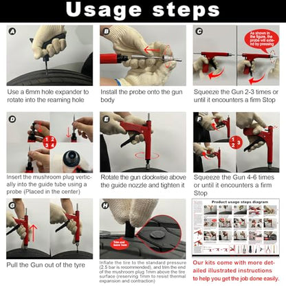 Richcat Tubeless Tire Puncture Repair Kit with Mushroom Plug, Repairs punctures and Flat Tires for Motorcycles, Cars, Trucks, ATVs,Gun Puncture Repair Kit - size: 22 Mushroom Plug Kit