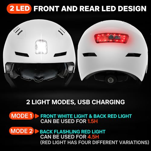 DKONI Bike Helmet with LED Lights Bicycle Helmets Commuter Cycling Helmet USB Rechargeable Front & Back LED Light Helmet for Adult Men Women - color: White, size: Medium: 20.5-22.5inch (52-58cm)
