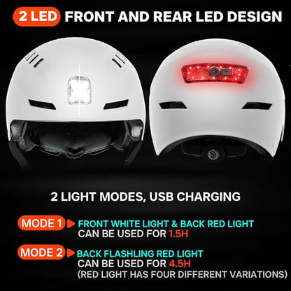 DKONI Bike Helmet with LED Lights Bicycle Helmets Commuter Cycling Helmet USB Rechargeable Front & Back LED Light Helmet for Adult Men Women - color: White, size: Medium: 20.5-22.5inch (52-58cm)