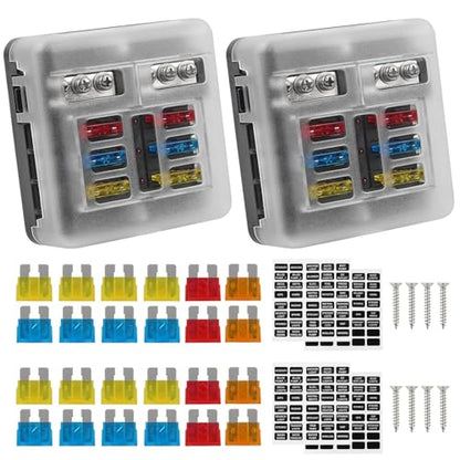 2Pcs 12V 24V Waterproof Fuse Block 6 Way ATO/ATC Fuse Box Holder Cover with LED Indicator Light for Marine Automotive Boat Car Truck