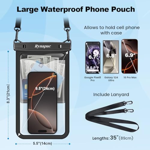 Rynapac Large Waterproof Phone Pouch [Up to 10"] - 2 Pack IPX8 Waterproof Phone Case for iPhone 17 16 15 Pro Max Galaxy S26 Ultra, Touchscreen & Underwater Photography, Beach Cruise Essentials 2026 - color: [Black + Orange] Large Waterproof Phone Pouch, s