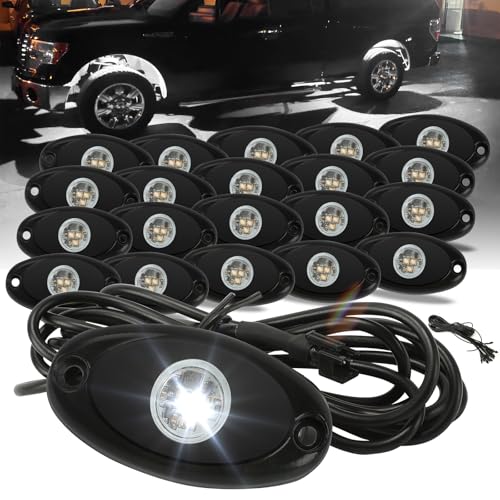 SUNPIE 20 Pods White Rock Lights – Quick Connect, 3 High Power Chips, 5M Extension Wires, Mounting Pads Included, 6000K Pure White, IP67 Waterproof, Fits Trucks, SUV, ATV, UTV, Trailer - color: White, size: 20 Pods