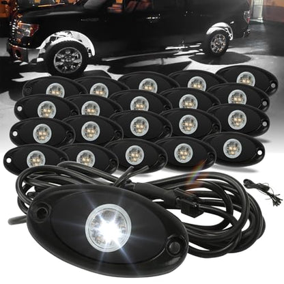 SUNPIE 20 Pods White Rock Lights – Quick Connect, 3 High Power Chips, 5M Extension Wires, Mounting Pads Included, 6000K Pure White, IP67 Waterproof, Fits Trucks, SUV, ATV, UTV, Trailer - color: White, size: 20 Pods